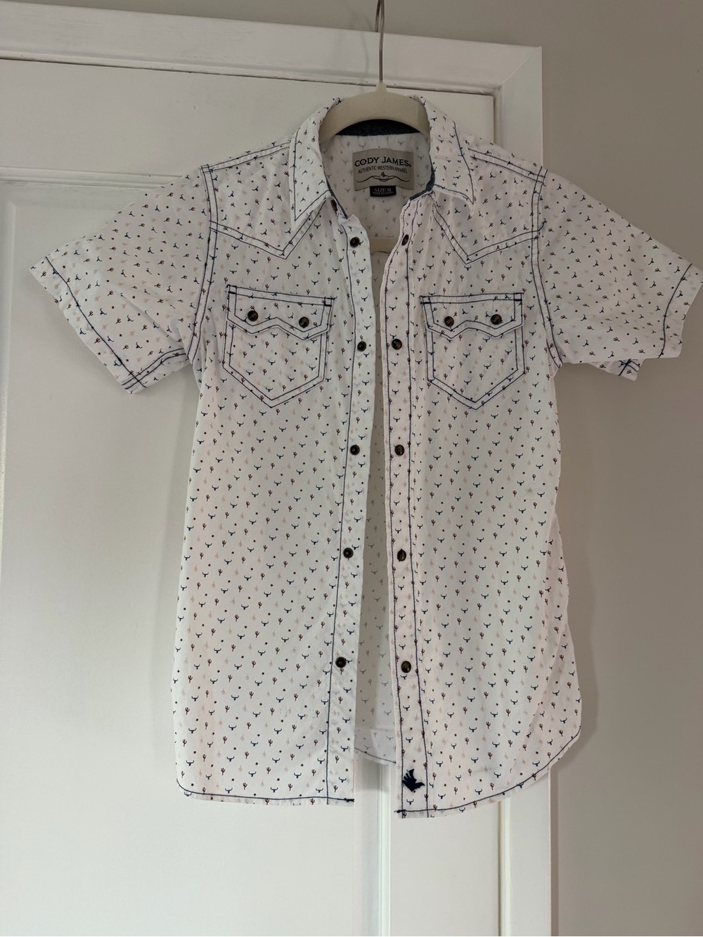 Cody James White Short-Sleeve Casual Button-Down Shirt with Micro Print